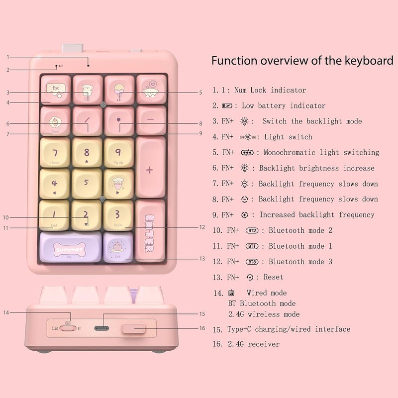 FOPATO NumberPad,21Keys HotSwappable Numpad,Bluetooth5.0/2.4G/Type-C Wireless Numeric Keypad,Rechargeable Number keypad,RGB Gasket Structure Mechanical Keyboard with PBT Keycap for PC Laptop Notebook - Image 3